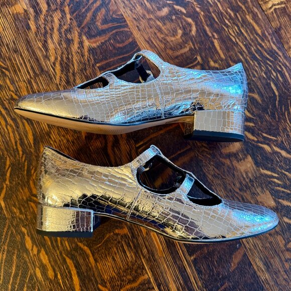 NWOT J. Crew Teagan T-strap Heels in Metallic Croc-Embossed Leather 7.5M - Picture 3 of 7